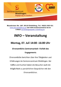 Flyer zur Info-Veranstaltung am 7. Juli von 14 bis 16 Uhr im Seniorenzentrum Wieblingen über ehrenamtliche Zentrumarbeit mit Kaffee und Kuchen